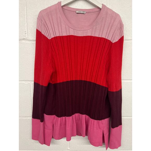 Tome NYC 18 (1x) red Pink Colorblock Wool Blend Knit Crewneck Pullover Sweater - Picture 3 of 6